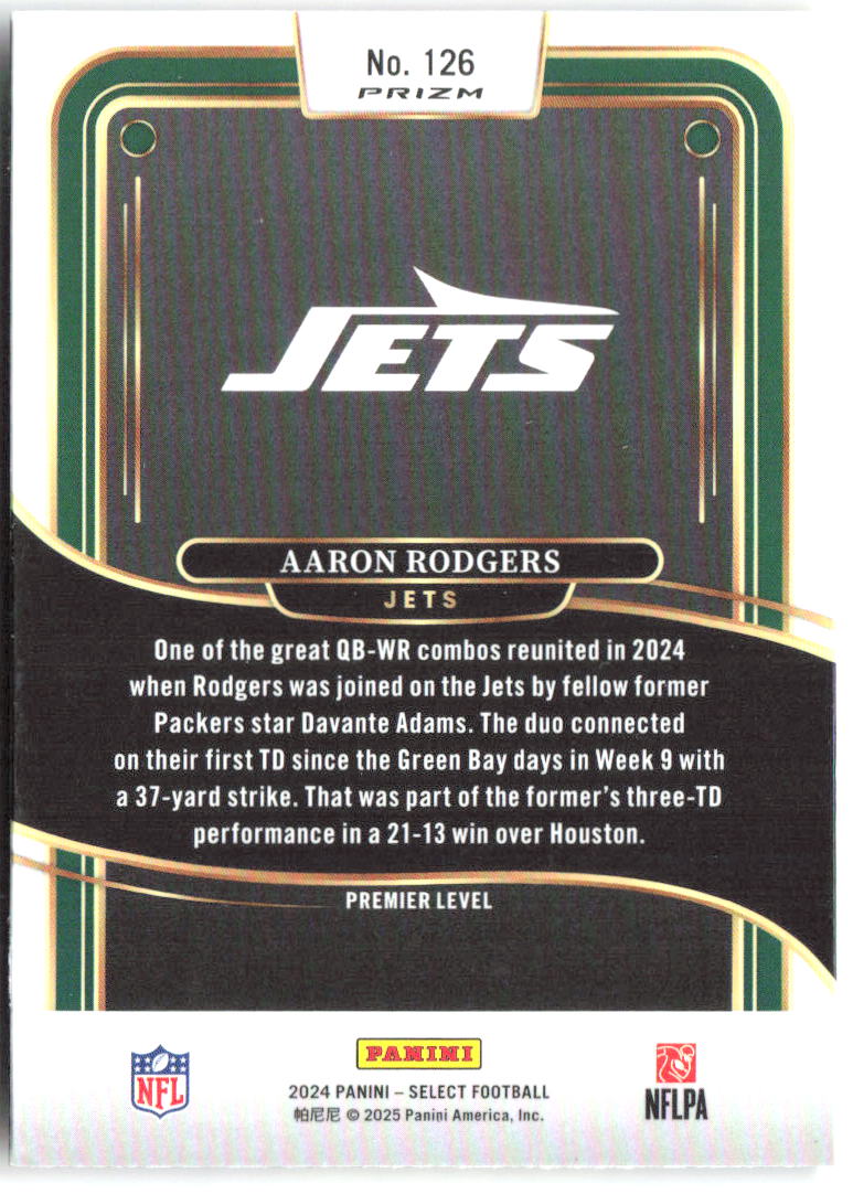 Aaron Rodgers Panini Select - Red & Yellow Prizm Shock 126 2024 New York Jets